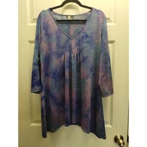 Cocomo Size Large Purple Blue Tie Dye V-Neck Slit Sleeves Slinky Tunic Top